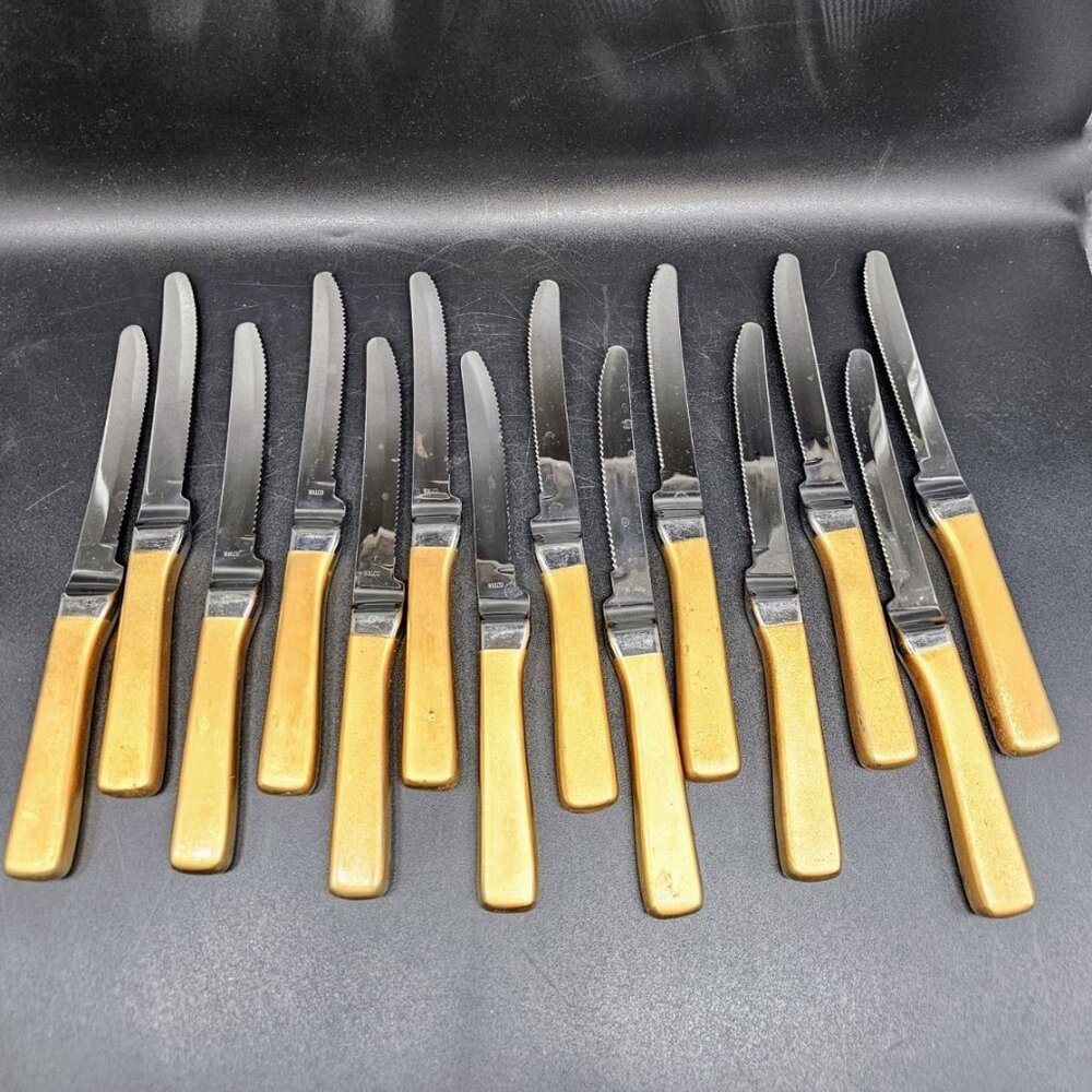 Lot Of 14 Walco Stainless Steel  9" Knives With Gold Handles Vintage MCM Glam